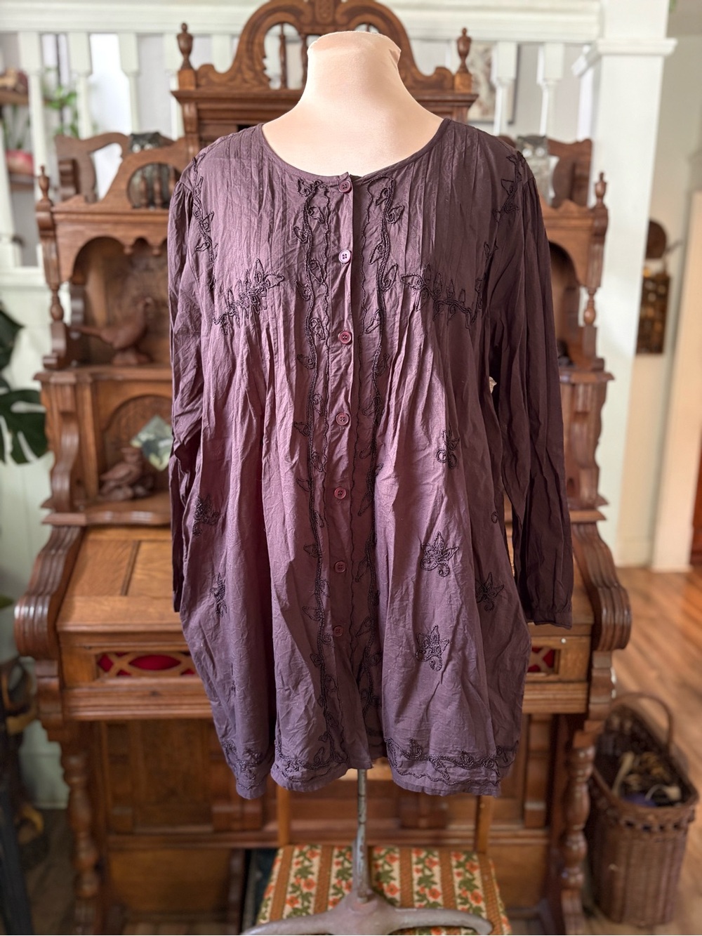 Embroidered Chocolate Button-Front Tunic Mini Dress 2X
